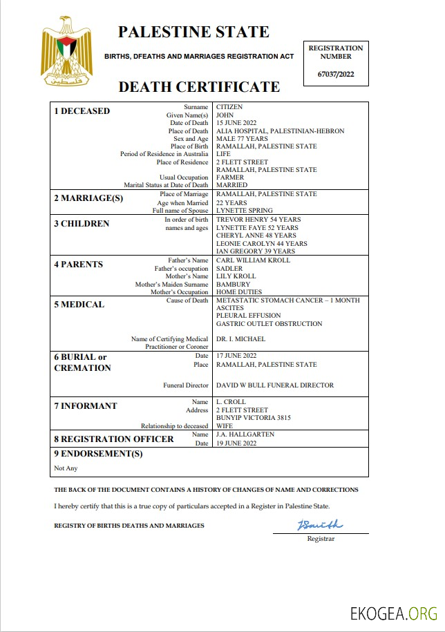Modèle Word et PDF de certificat de décès de l'état civil de la Palestine